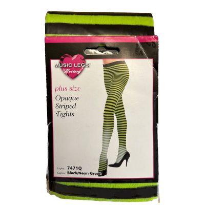 MUSIC LEGS Plus Size Opaque Striped Tights Black Neon Green Brand New 7471Q